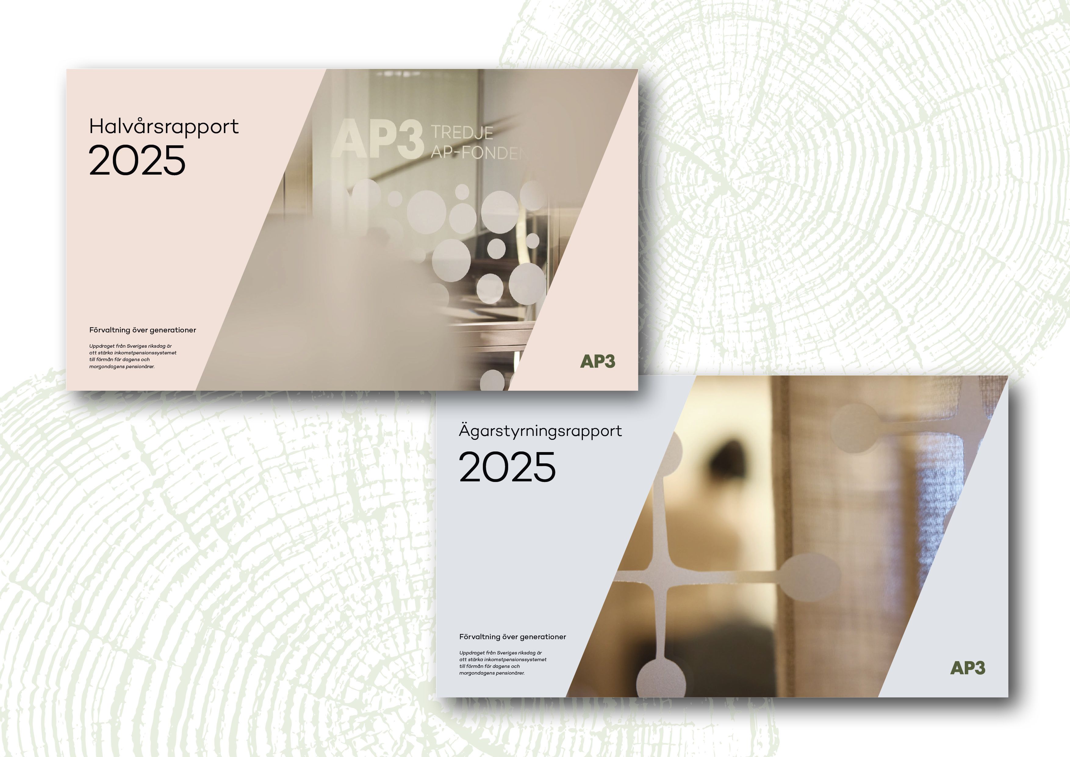 Layout som visar AP3s halvårsrapport och Ägarstyrningsrapport för 2025